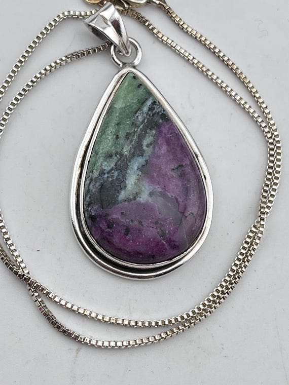 ruby zoisite teardrop silver mounted pendant neck… - image 1