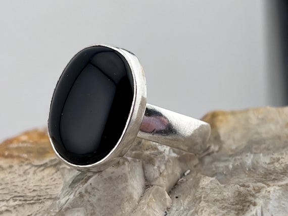 silver statement black agate ring size uk T1/2 US… - image 7