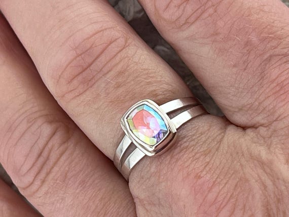 solid silver rainbow crystal solitaire ring size … - image 6