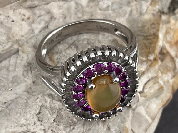 statement Opal, Ruby and white topaz ring size uk… - image 9