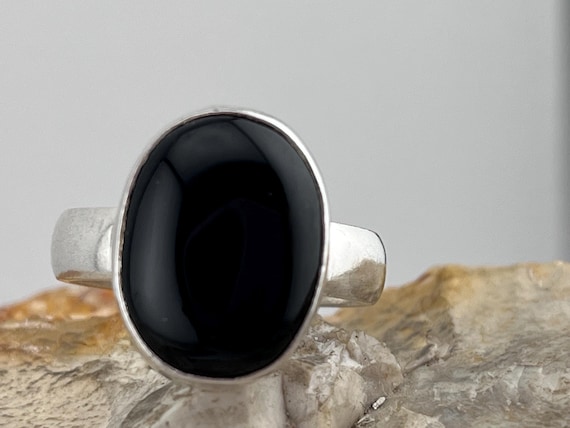 silver statement black agate ring size uk T1/2 US… - image 1