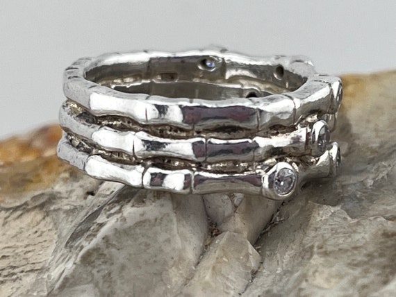 solid silver three row bamboo and cz ring size uk… - image 9