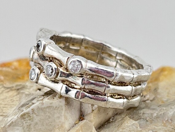 solid silver three row bamboo and cz ring size uk… - image 2