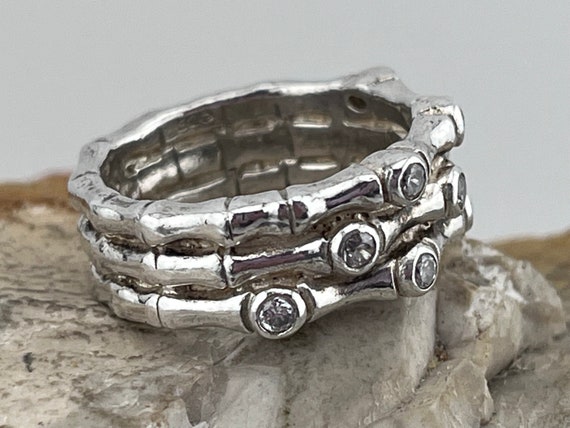 solid silver three row bamboo and cz ring size uk… - image 3