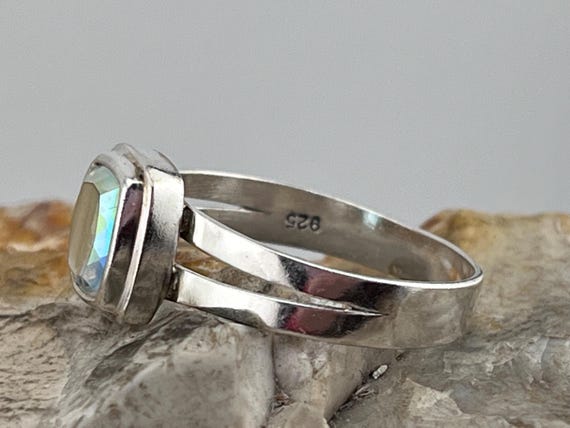 solid silver rainbow crystal solitaire ring size … - image 2