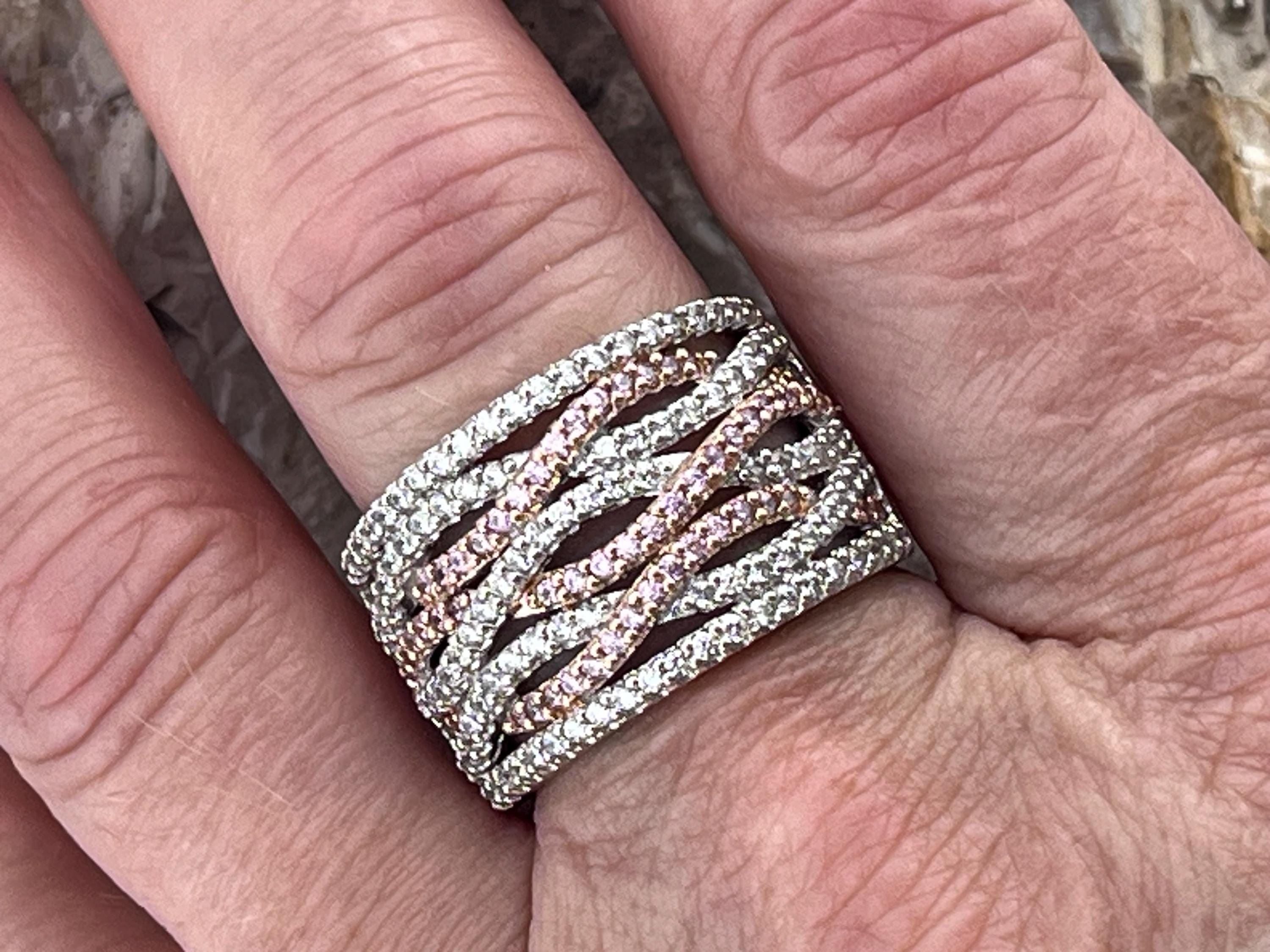 Broad Silver Pink and White Cz Multi Strand Ring Band Stacker Size Uk S ...
