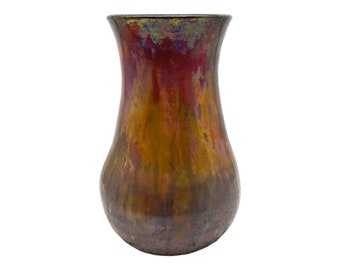 Handmade Signed Raku Art Pottery Flower Vase - 8" Tall Copper Metallic Glaze