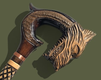 Fancy Hand Carved Walking Stick Stylish Cane Unique Handle Designer Wooden Head Wolf