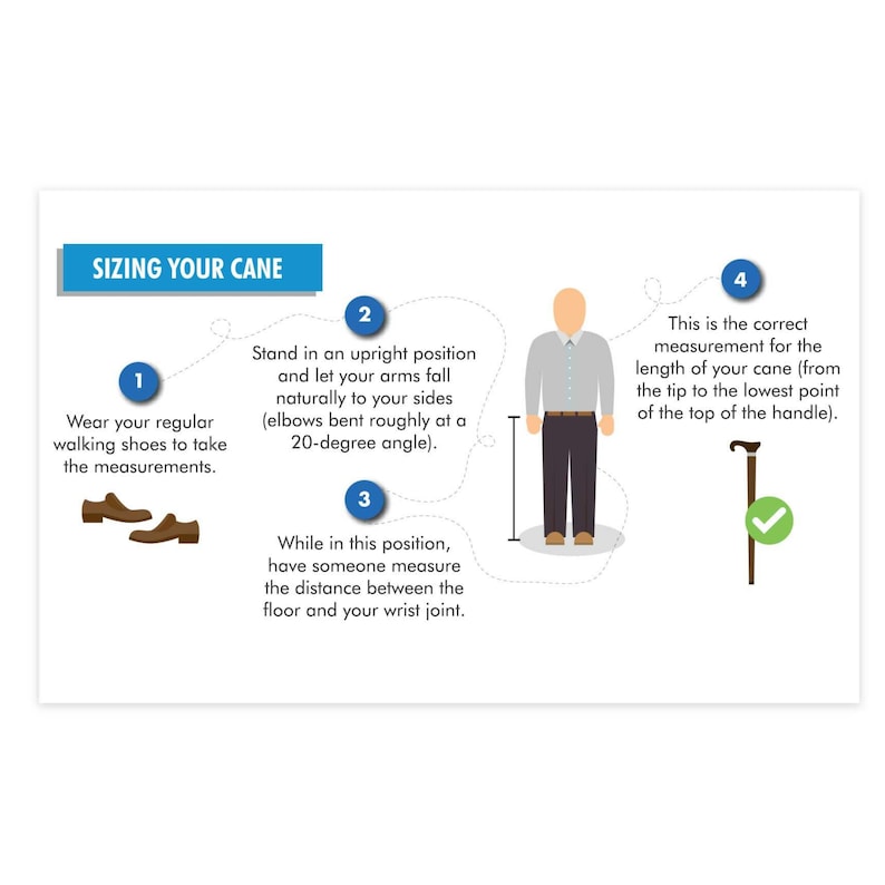 May include: A diagram showing how to size a cane. The diagram shows a person standing with their arms at a 20-degree angle. The text instructs the user to measure the distance from the floor to their wrist joint. The diagram also shows a cane with a checkmark next to it, indicating the correct length.