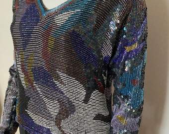 Rare heavily beaded, sequined, silk blouse, top