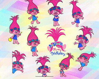 SVG DXF PNG Princess Poppy Troll Layered Cut Files Cricut Design Silhouette Studio Vinyl Decal Tshirt Iron on Birthday Party Transfer Print