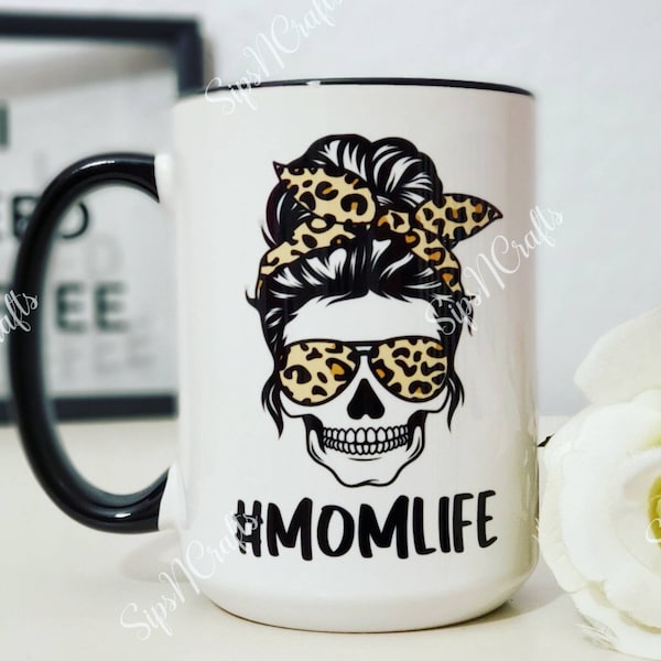 MomLife Skull | Messy Top Knot Mom Bun | 15 oz Coffee Mug