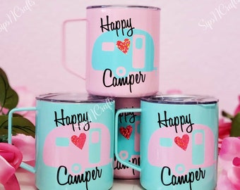 Happy Camper Camping Mug. Camp Life, Stainless Steel Campfire Mug, Outdoor Life, Vacation Cup.