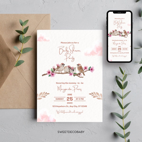 Baby Shower Celebration - A Bird-Inspired- CANVA editable - Printable Baby Shower Invitation- Pink baby shower invitation - digital Templete