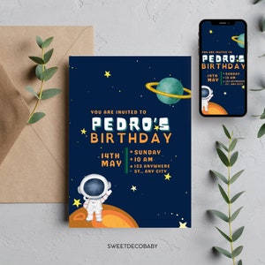 Astronaut Birthday Invitation for Kids, Editable Space Party Invite, Digital Download, Galaxy Theme Printable, Outer Space Birthday Card PDF