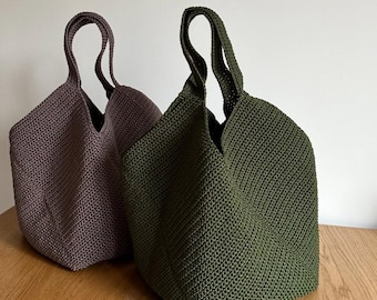 Crochet Brown Versatile Tote: Frugal Chic Shoulder Bag. Durable and Compact Handmade Green Shopping Bag - CUSTOM COLORS