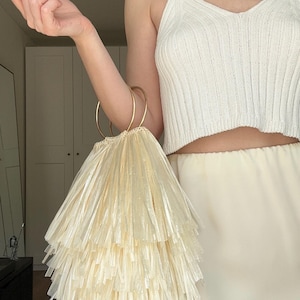 Ivory Raffia Fringe Evening Bag, Ecru Small Wedding Purse, White Boho Bridal Purse, Statement Restaurant Handbag, Cream Minibag Gold Handles