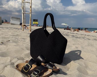 Crochet Black Tote Shoulder Bag: Handmade Versatile Beach or Office Hand Bag CUSTOM COLORS