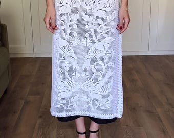 Filet Crochet Waist Apron Band. White Lace Wedding Dress Accessory. Artisan made Ethnic Outfit Wrap. Sheer Maxi Cover Skirt Belt