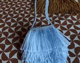 Ice Blue Raffia Fringe Bag, Crochet Prom Mini Purse, Elegant and Chic Festive Evening Clutch, Fancy Party Women Bag