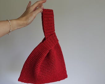 Red Rafia Japanese Knot Bag: Handmade Summer Clutch, Straw Mini Purse, CUSTOM COLORS