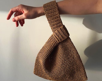 Crochet Raffia Bag: Japanese Knot Handbag, Beige Straw Clutch, Tan Woven Summer Purse