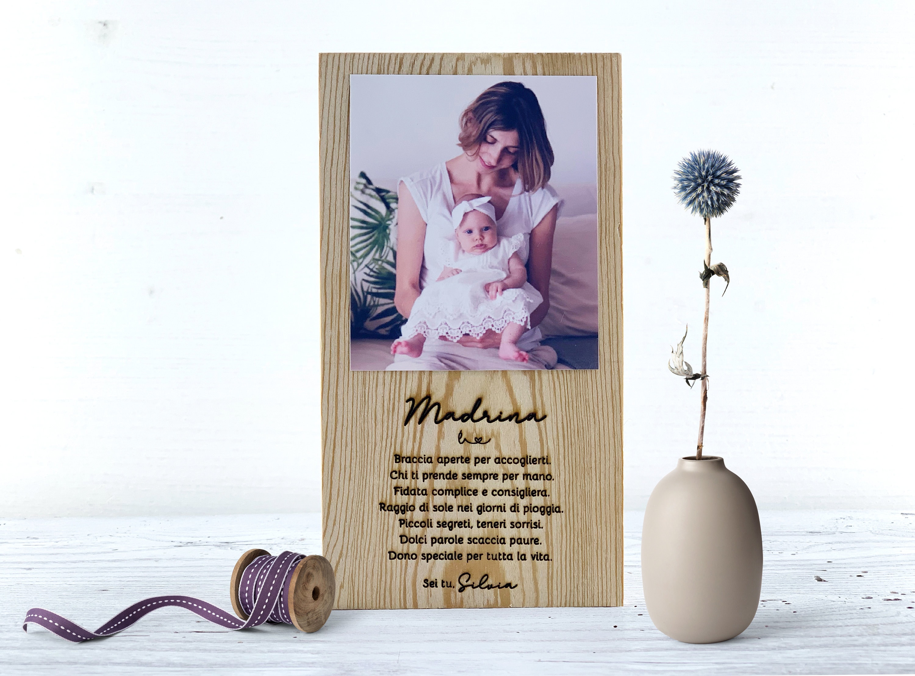Bomboniera di battesimo per padrino e madrina, con dedica personalizzata e foto