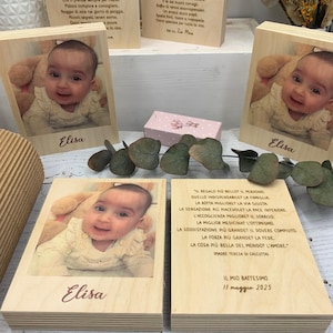Bomboniere battesimo quadretti in legno porta polaroid con foto stampata su legno e frase incisa