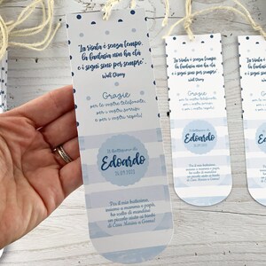 Segnaposto segnalibro battesimo in carta, con frase di walt disney e ringraziamento a tema righe e pois