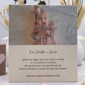 Bomboniera battesimo per padrini, regalo battesimo per madrina per padrino, stampa su legno con foto e dedica personalizzata