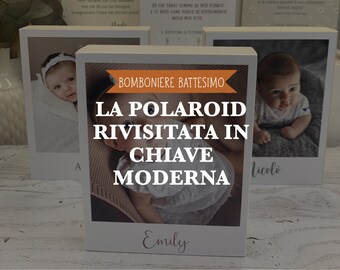 Bomboniera battesimo polaroid, portafoto in legno in chiave moderna