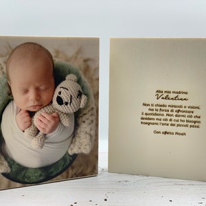 Bomboniera battesimo padrini, personalizzata con stampa foto su legno e nel retro la dedica incisa per i padrini