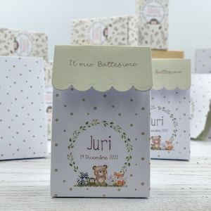 Bustine a sacchetto portaconfetti, bomboniera nascita o battesimo, bustine personalizzata graficamente a tema animali del bosco