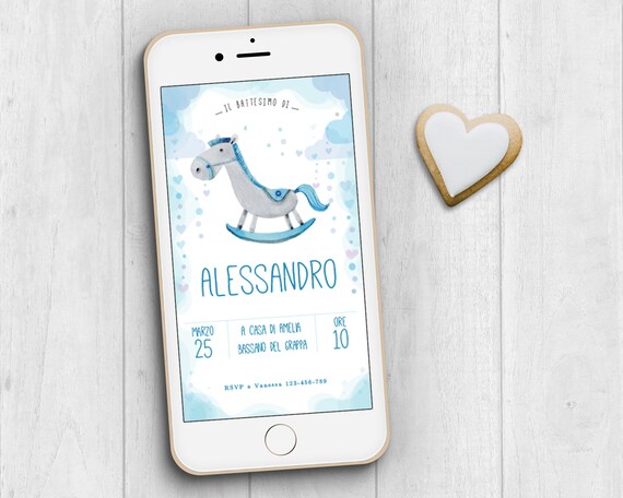 Invito Battesimo Digitale Con Cavallo A Dondolo Invito Per Invio Whatsapp Invito Digitale Per Battesimo Bimbo Invio Digitale Battesimo