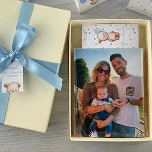 Bomboniera padrini di battesimo con foto e dedica a tema orsetto e cuori