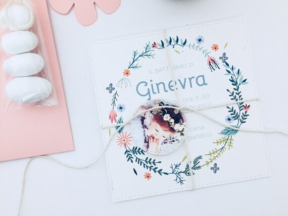Invito Battesimo Quadrato Con Ghirlanda Di Fiori Etsy