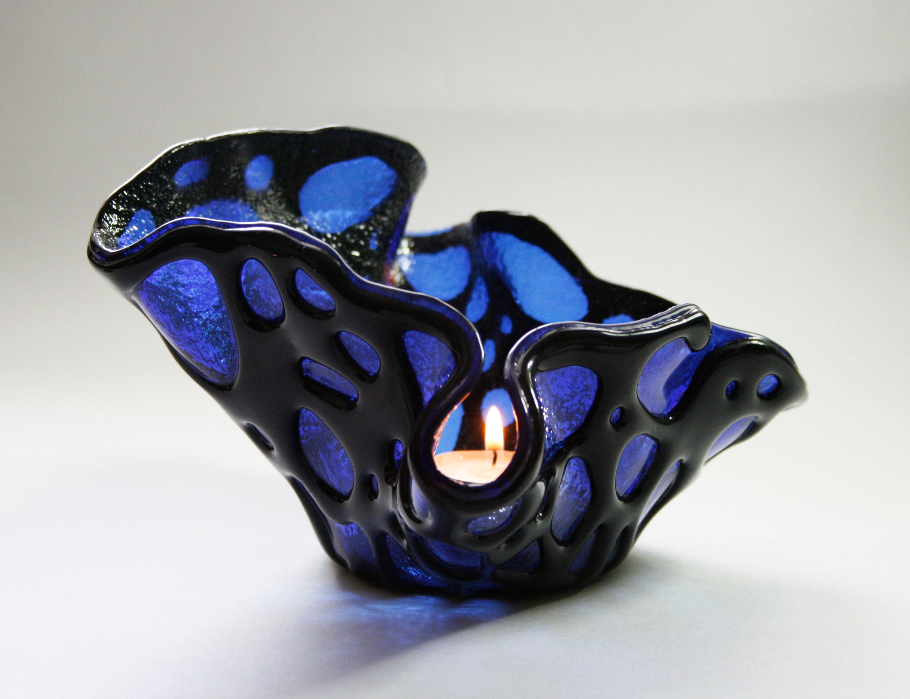 Fused glass candle holder coral black and blue Etsy