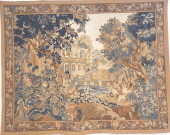 May include: A tapestry depicting a garden scene with a house in the background. The tapestry features a variety of trees, flowers, and birds. The colors are muted and the overall effect is one of peace and tranquility.