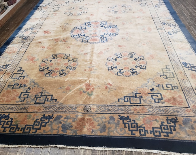 Chinese art Deco antique art Deco hand knotted wool rug with gold feld with multi color border Nicole Chinese size 9'×11'8"