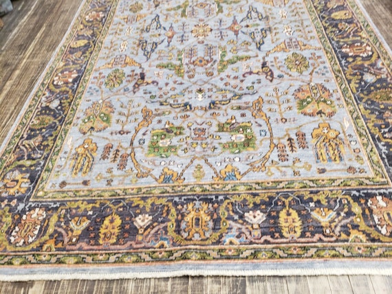 Oushak natural dyes Pakistan Mahal rug  Antigue design rug wool rug with green background vegetable dyes hand knotted 6'×9'