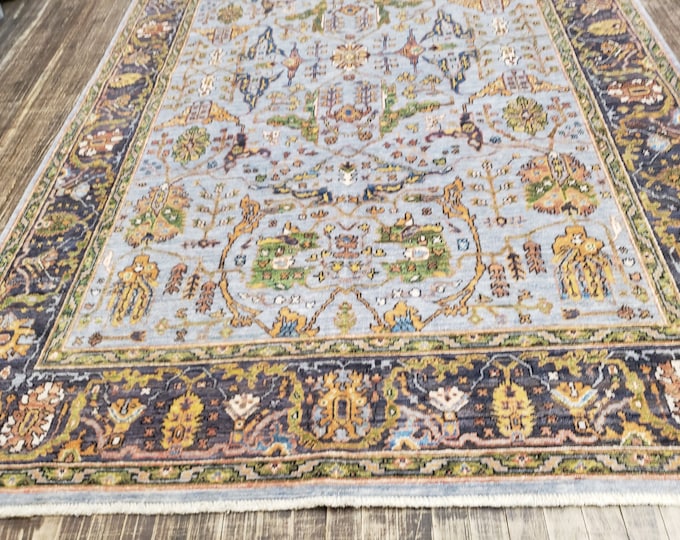 Oushak natural dyes Pakistan Mahal rug  Antigue design rug wool rug with green background vegetable dyes hand knotted 6'×9'