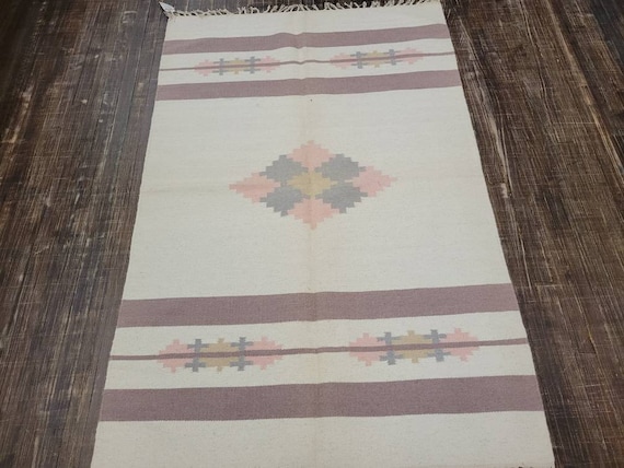 Handwoven Indian Dhurrie rug Flatweav pastel Dhurrie kelim wool Dhurrie rug 4'×6'