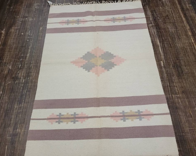 Handwoven Indian Dhurrie rug Flatweav pastel Dhurrie kelim wool Dhurrie rug 4'×6'