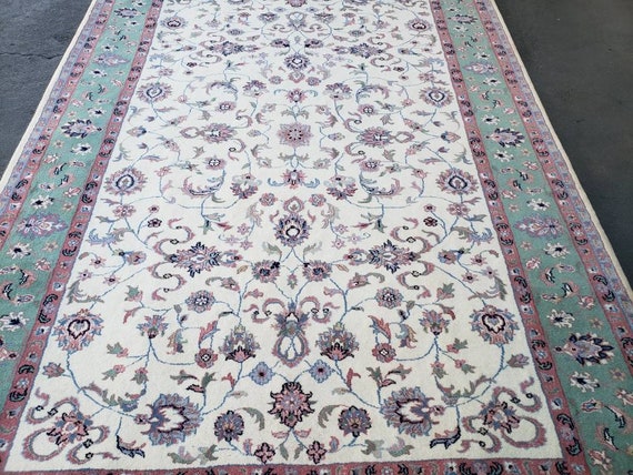 Indian jaypour wool rug durable rug Turkish rug aque green and beige 6 x 9