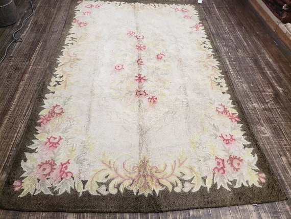 Hooked Chinese Aubusson vintage hook rug frnch county style  wool vintage Aubusson size 6'×9' 1940's vintage hook rug hand made