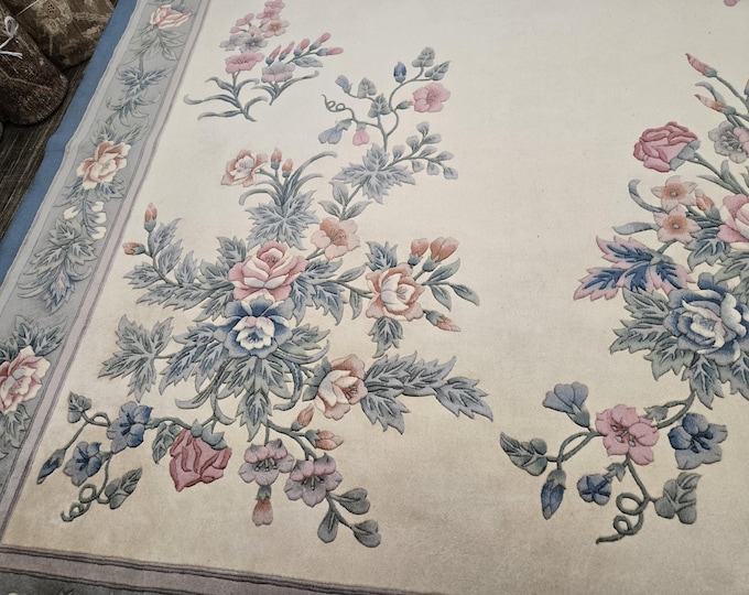 Chinese Art Deco Peking rug  90 line wool hand knotted  rug Aubusson Chinese rug size 9'×12' oriental rug  blue&beige Chinese rug