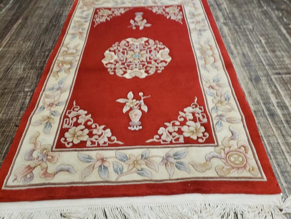 Chinese Art Deco Peking rug  90 line wool hand knotted red and beige excellent quality wool  rug size 4'×6'