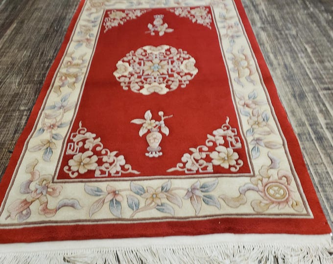 Chinese Art Deco Peking rug  90 line wool hand knotted red and beige excellent quality wool  rug size 4'×6'