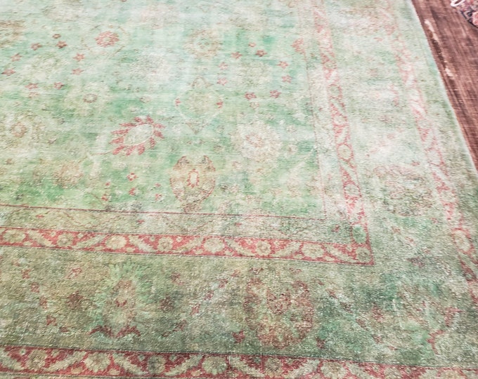 Over dye modern Kelly green rug vintage distress rug oushak rug hand woven wood peshwar oriental rug hand knotted green rug 9'×12'