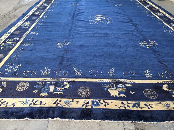 Peking Chinese Art Deco hard knotted wool rug with indigo blue field with multi colors border size 12'×15'